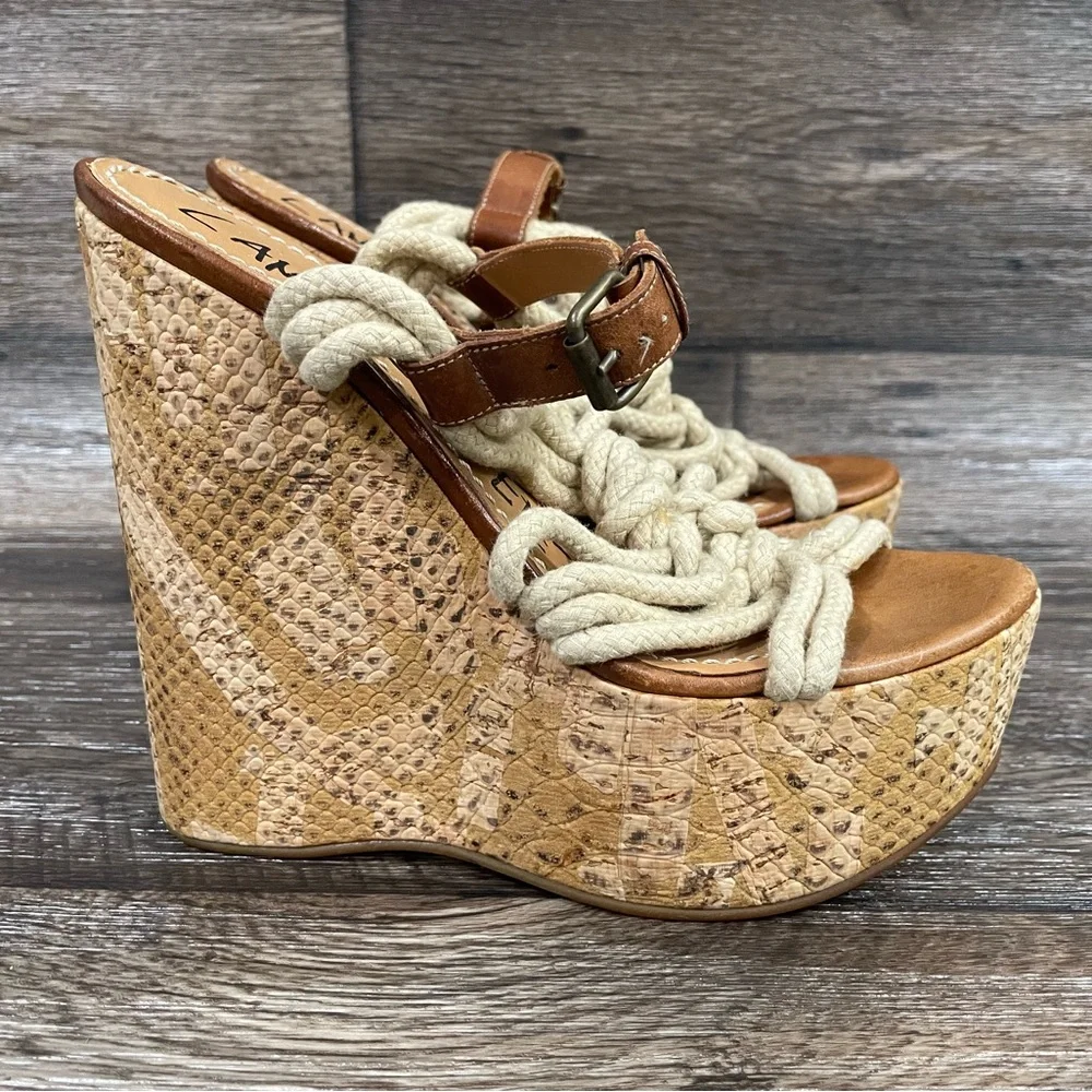 Lanvin 2012 Ete Sandals Rope Snake Print Cork Platform‎ Wedge Open Toe Brown 37